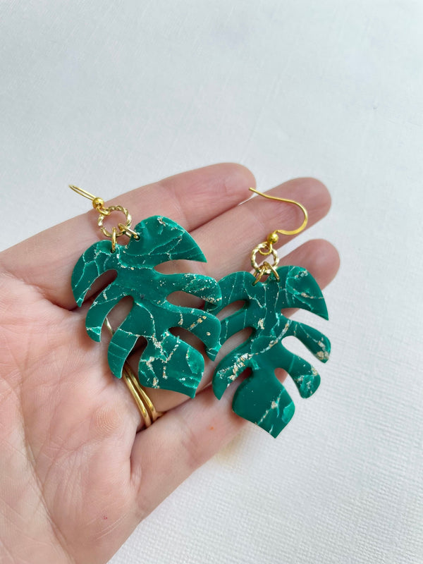 Emerald Green Marble Monstera Earrings