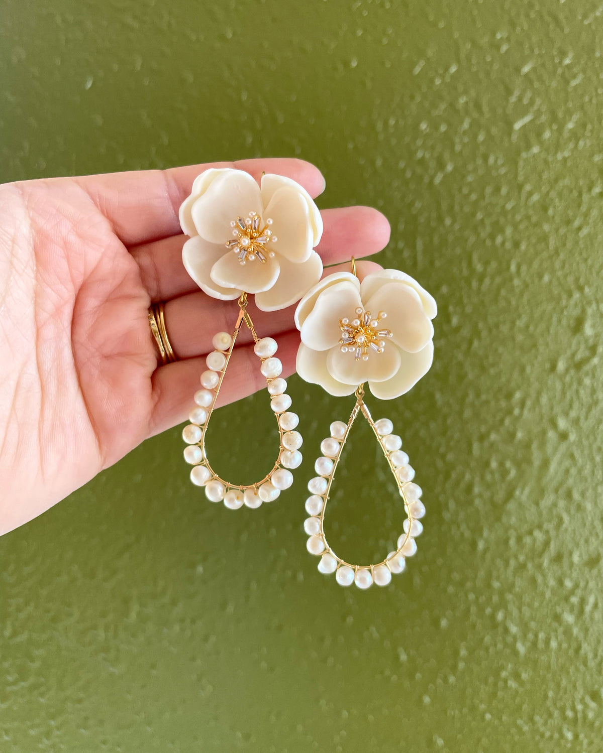 Royal Poppy Flower Statement Pearl Earrings