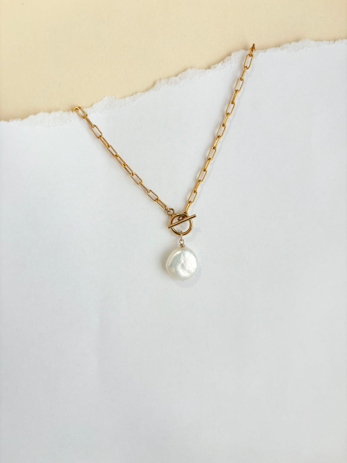 Paperclip Chain Coin Pearl Toggle Necklace