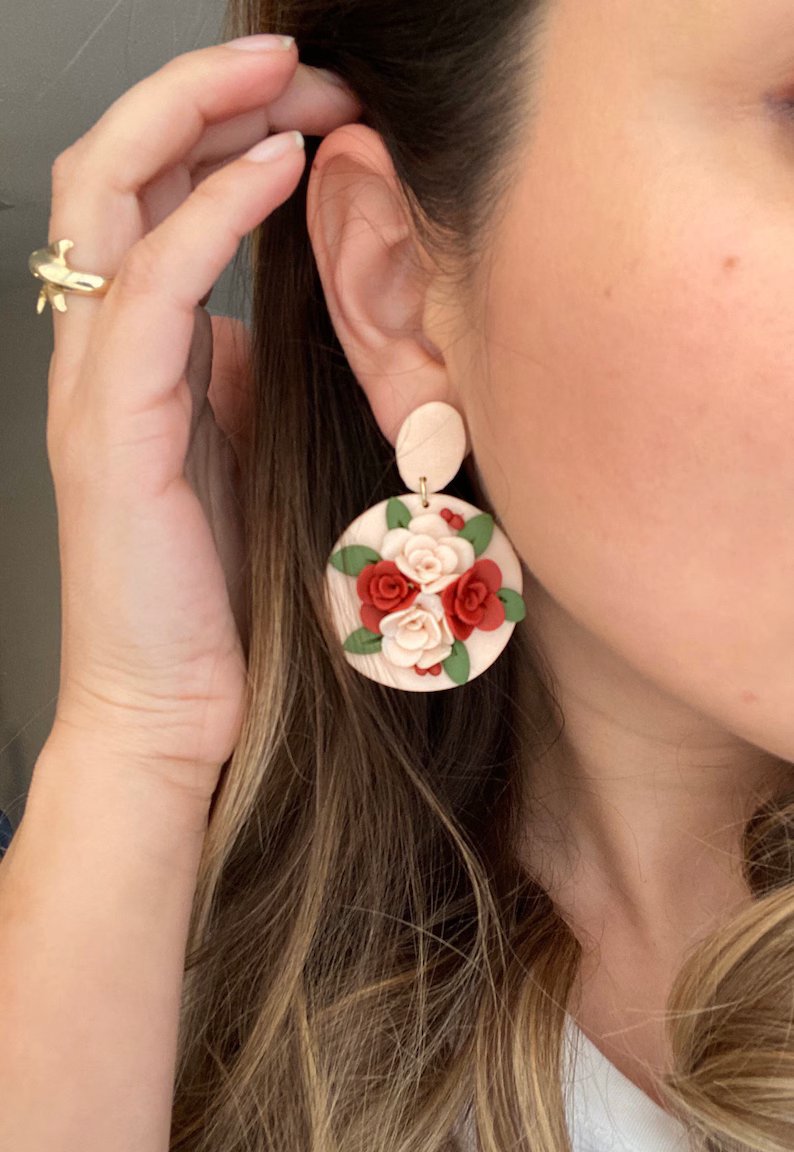 Red and Blush Roses Statement Earrings