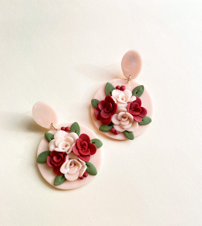 Red and Blush Roses Statement Earrings