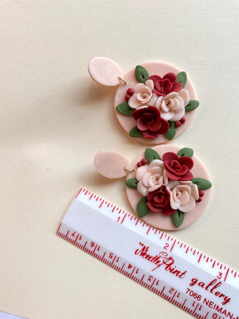 Red and Blush Roses Statement Earrings