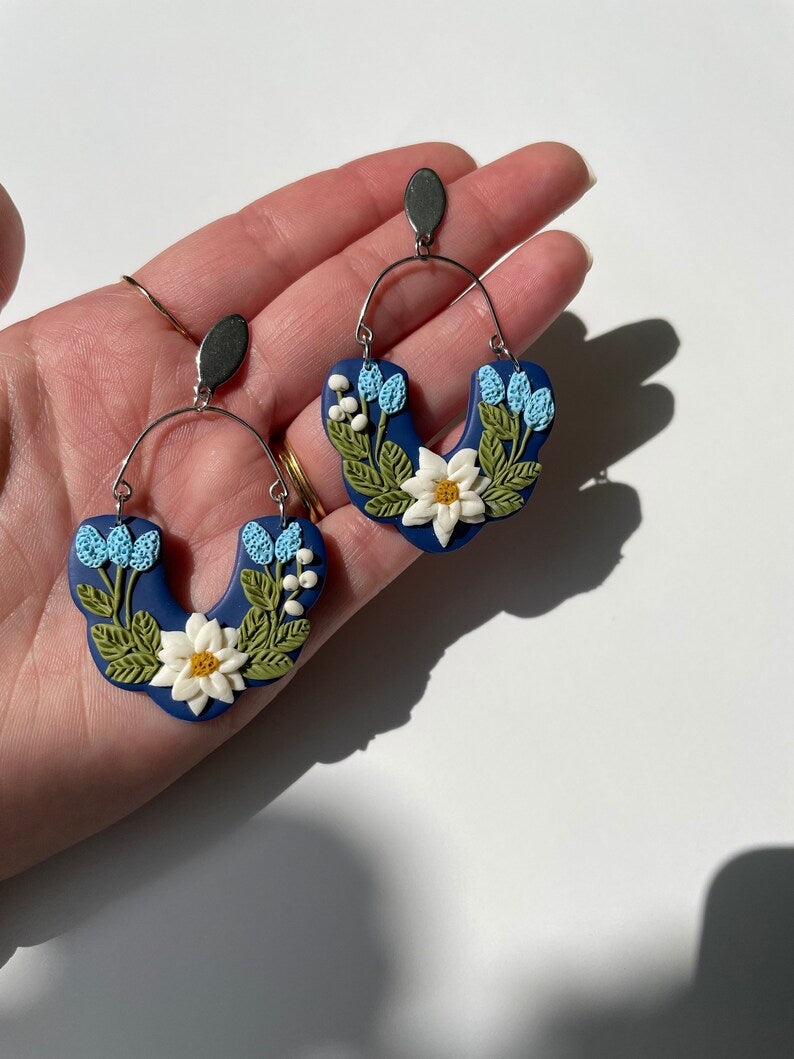 Blue Floral Arch Daisy Statement Earrings