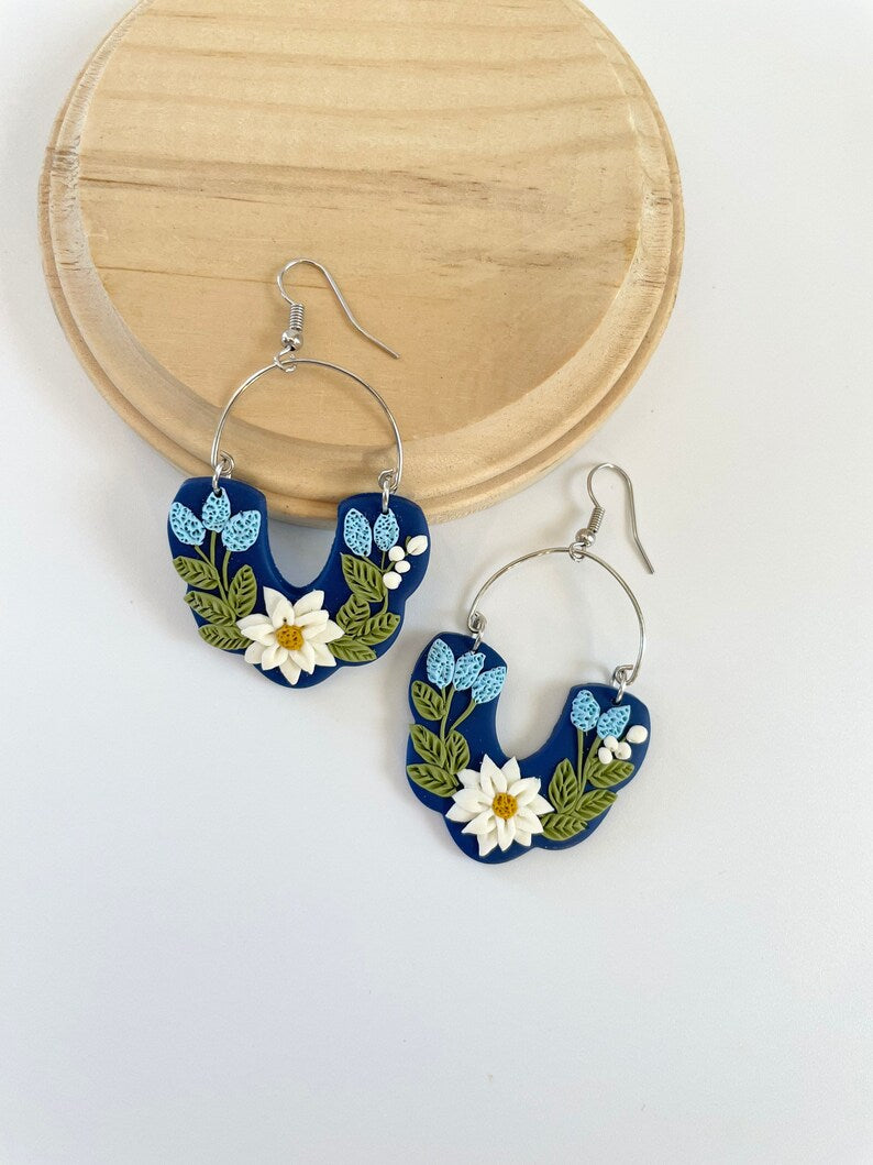 Blue Floral Arch Daisy Statement Earrings