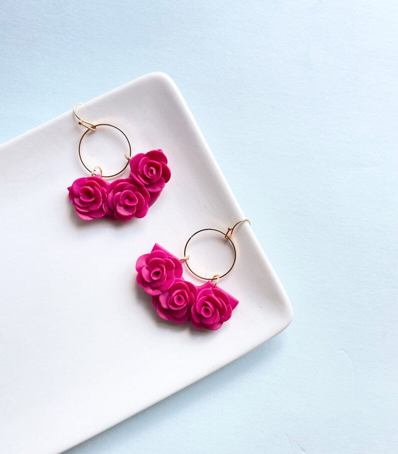 Hot Pink Rose Earrings