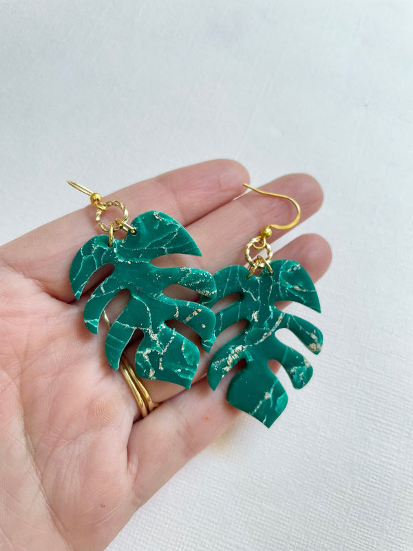 Emerald Green Marble Monstera Earrings